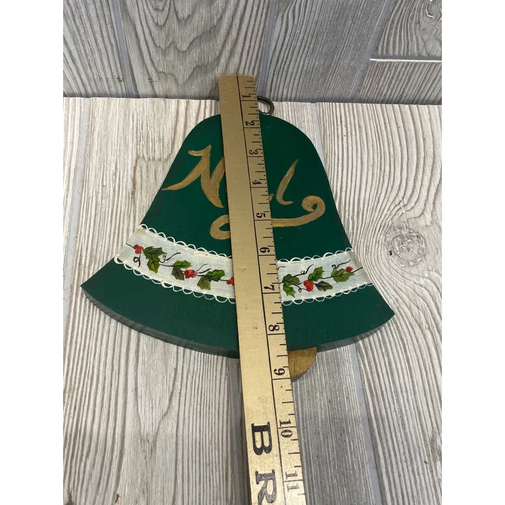 Vintage Hand Painted Wood Christmas Bell Wall Decor Joy Noel Red Green Set of 2
